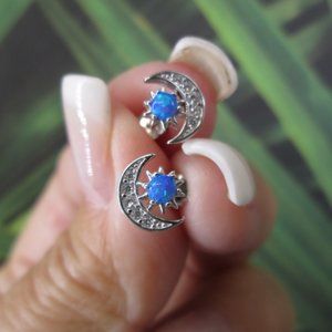 Sterling MOON & STAR Stud Earrings>Simulated Diamonds & Blue Opal Studs,925 stud